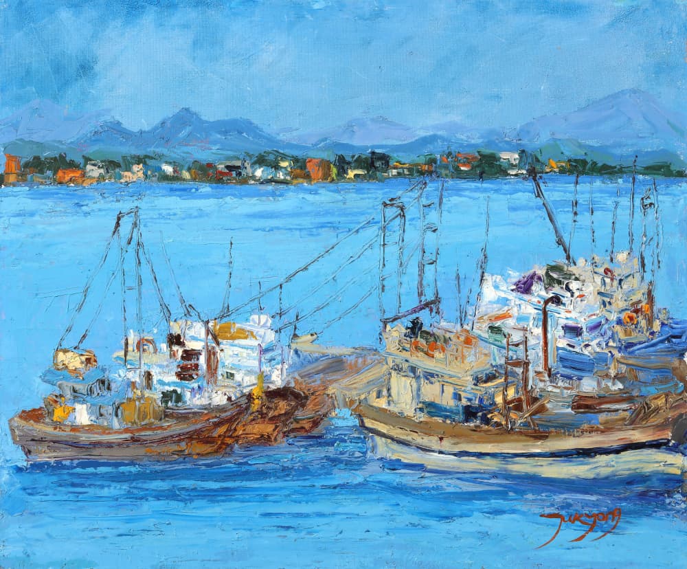 Blue Harbor Fishing Boats by Jukyong Park — canvas wall art