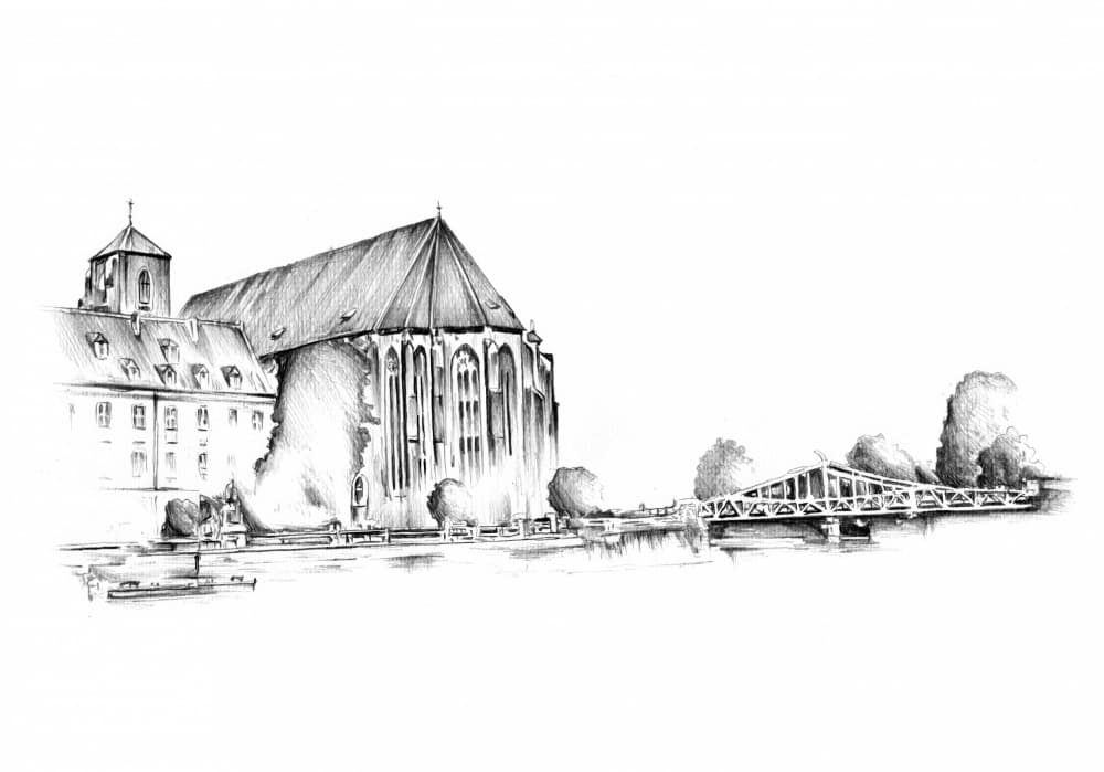 Historic Riverfront City Sketch by Kulik — canvas wall art