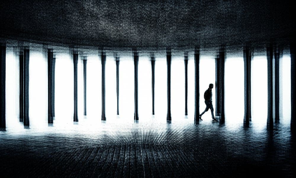 Lone Figure Dark Hall by Linda Wride — canvas wall art
