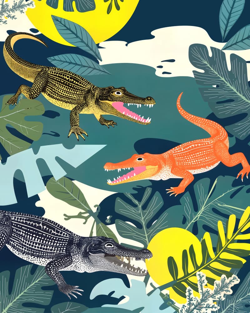 Colorful Jungle Crocodiles by Uma Gokhale — canvas wall art