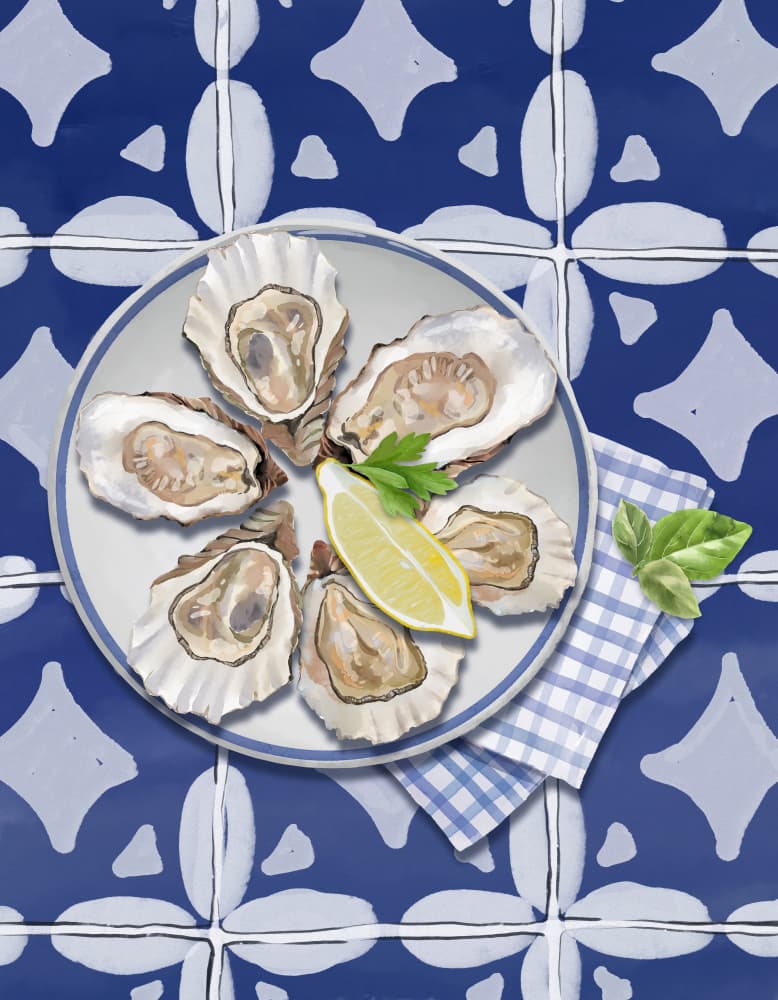 Fresh Oysters on Blue Tiles by Elena Dorosh — canvas wall art