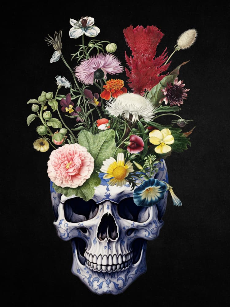 Delft Floral Skull by Marja van den Hurk — canvas wall art