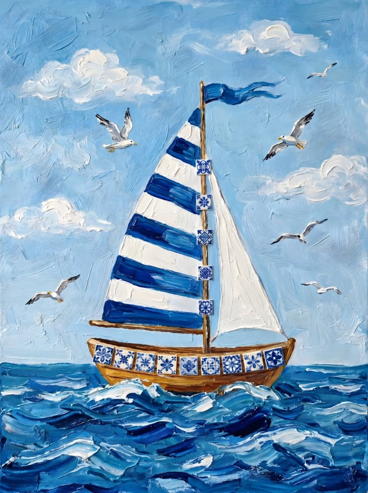 Striped Sailboat Blue Ocean by HUGO — canvas wall art