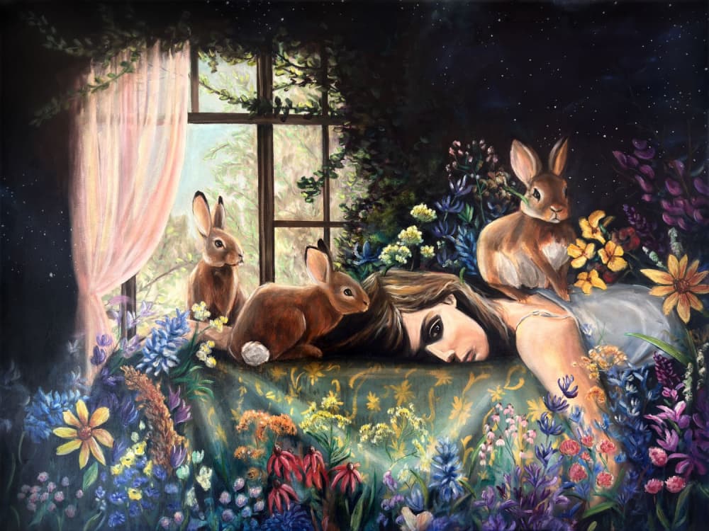 Sleeping Girl with Rabbits by Renee Machan Cottagecore Artist — canvas wall art