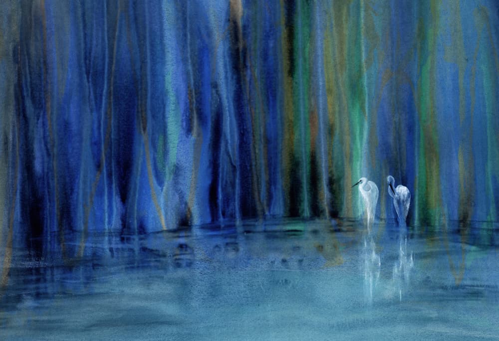 Serene Blue Forest Egrets by RodMacIver — canvas wall art