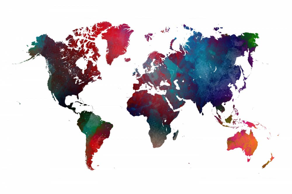 Colorful Watercolor World Map by Justyna Jaszke — canvas wall art