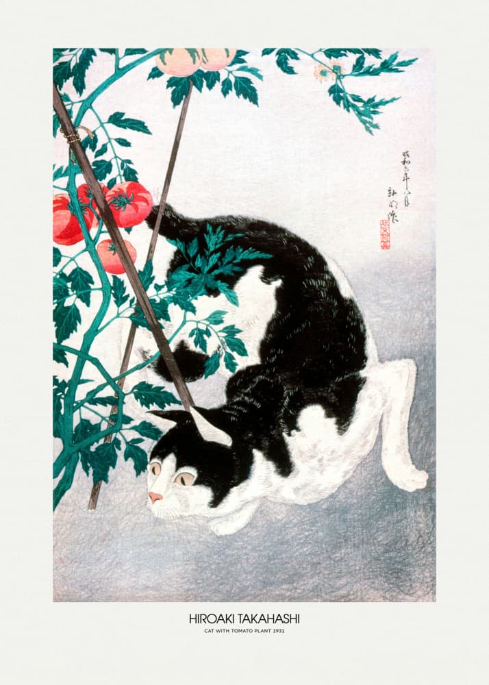 Cat With Tomato Plant (1931) by Hiroaki Takahashi — canvas wall art