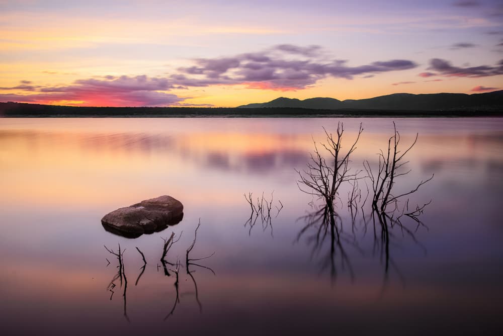 Vibrant Sunset Lake Reflections by César Vega Toledano — canvas wall art