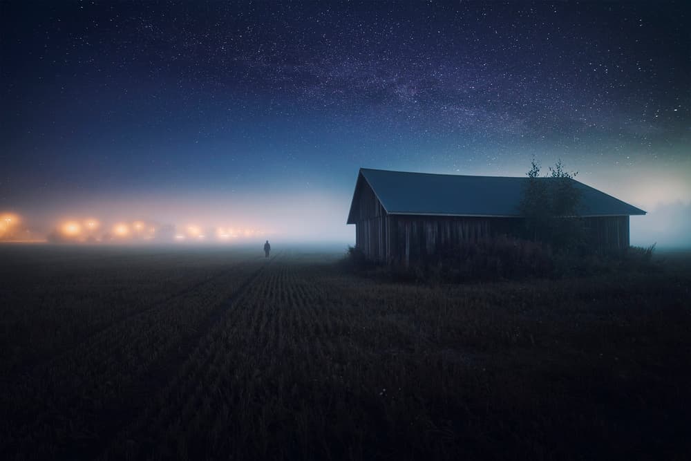 Misty Starry Night Barn by Mika Suutari — canvas wall art