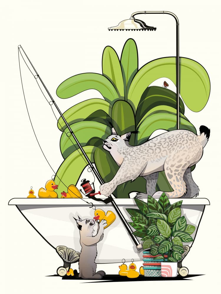 Playful Lynx Bath Time by In The Washroom — canvas wall art
