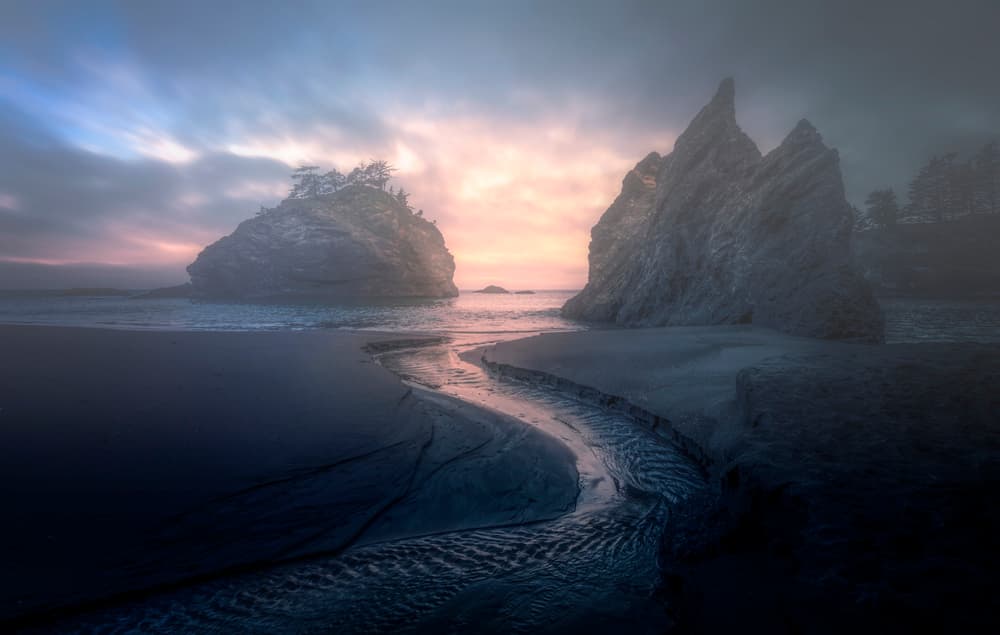 Misty Beach Sea Stacks by Larry Deng APA — canvas wall art