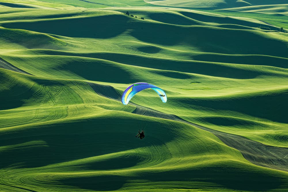 Paraglider Over Green Hills by Tony Xu — canvas wall art