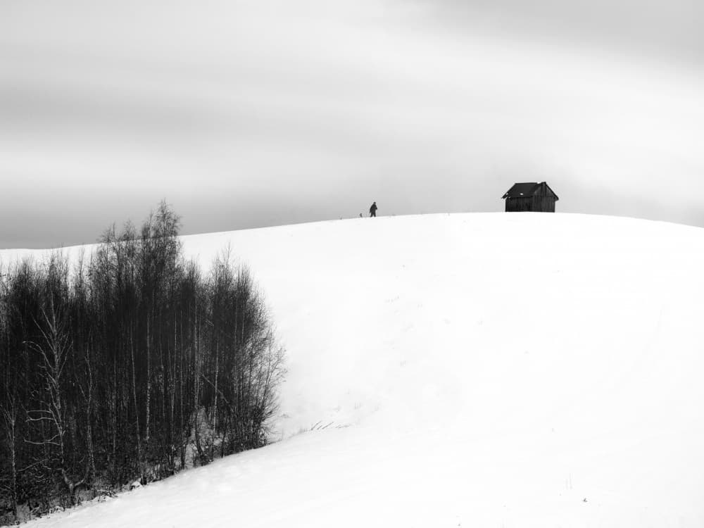 Snowy Cabin Solitude by Marius Cinteza — canvas wall art