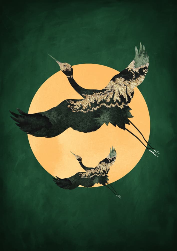 Golden Cranes Moon Flight by Aureous — canvas wall art