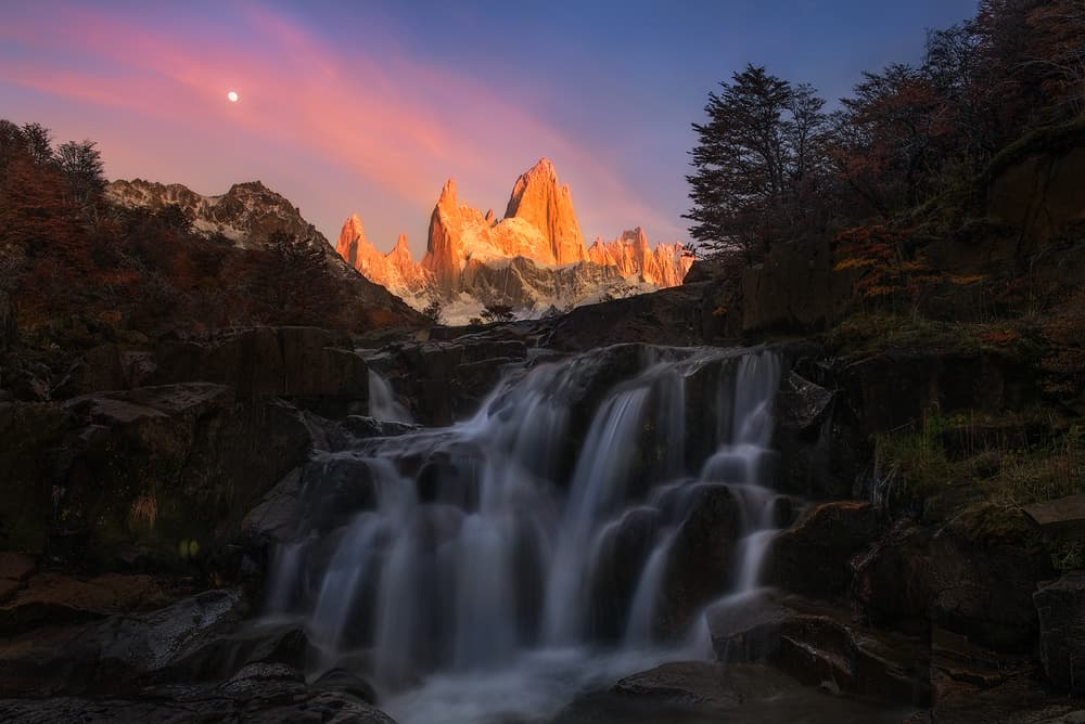 Moon Over Fitz Roy Cascade by Yan Zhang — canvas wall art