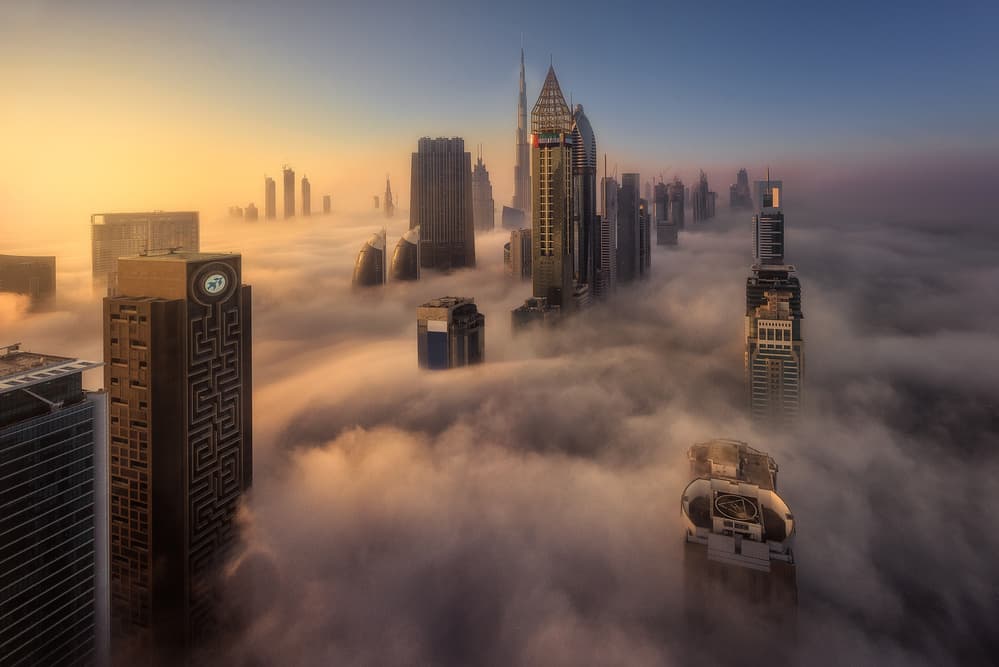 Misty Dubai Skyline by Javier de la Torre — canvas wall art