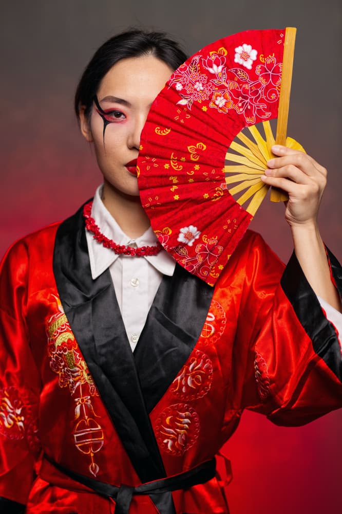 Dramatic Red Fan Portrait by Offer Ellbogen — canvas wall art