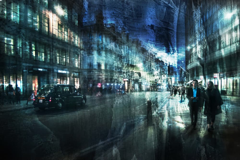 Urban Night Reflections by Nicodemo Quaglia — canvas wall art