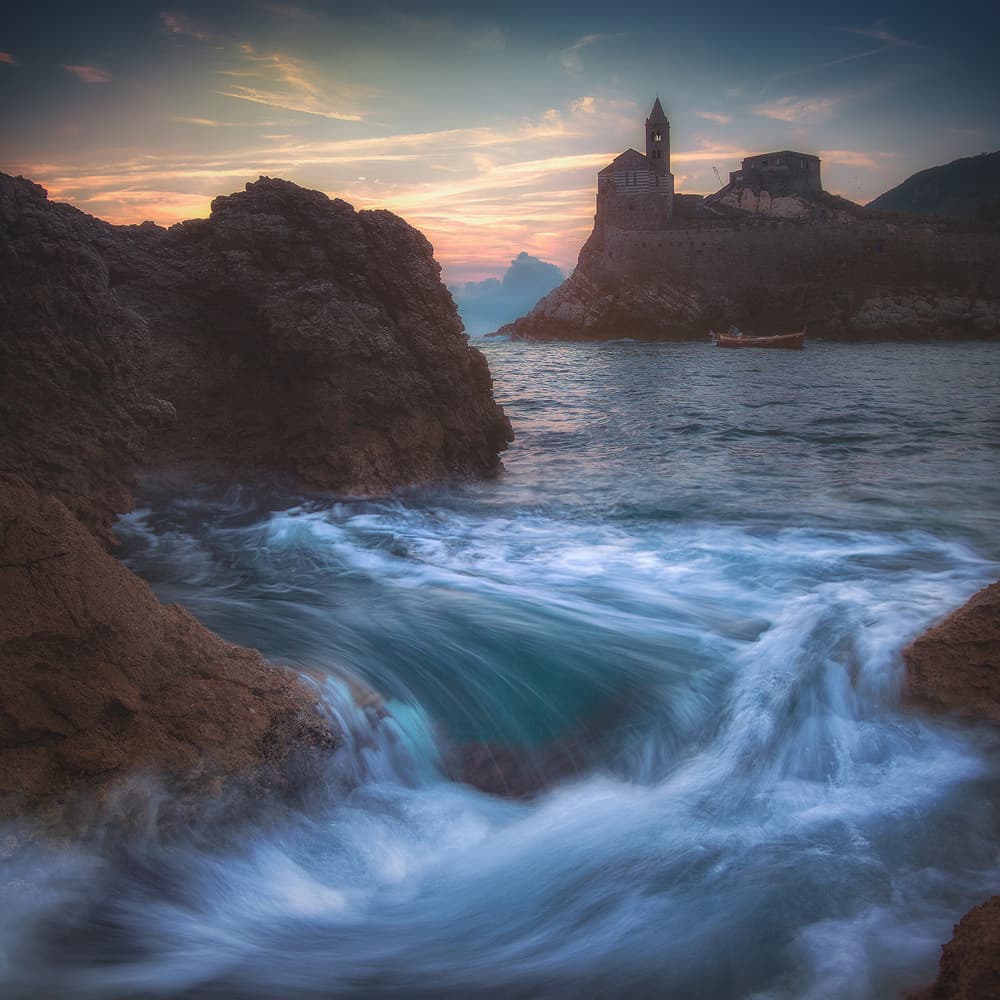 Coastal Church Sunset Waves by Paolo Lazzarotti — canvas wall art