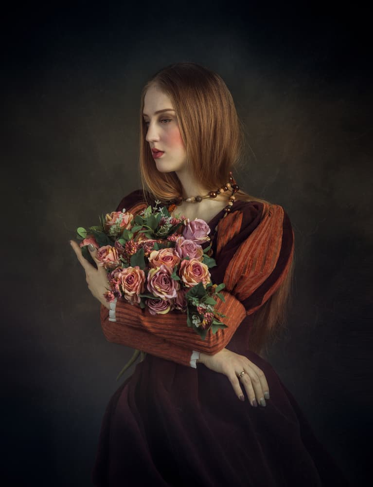Pensive Woman With Flowers by Svetlana Melik-Nubarova — canvas wall art