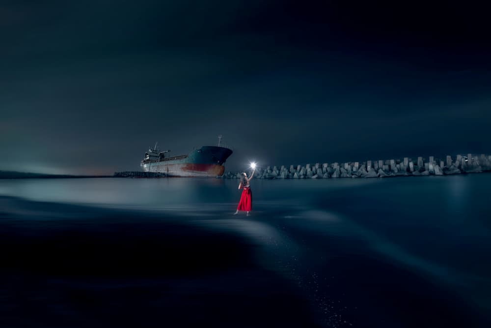 Red Dress Dark Waters by MingLun Tsai (蔡明倫) — canvas wall art