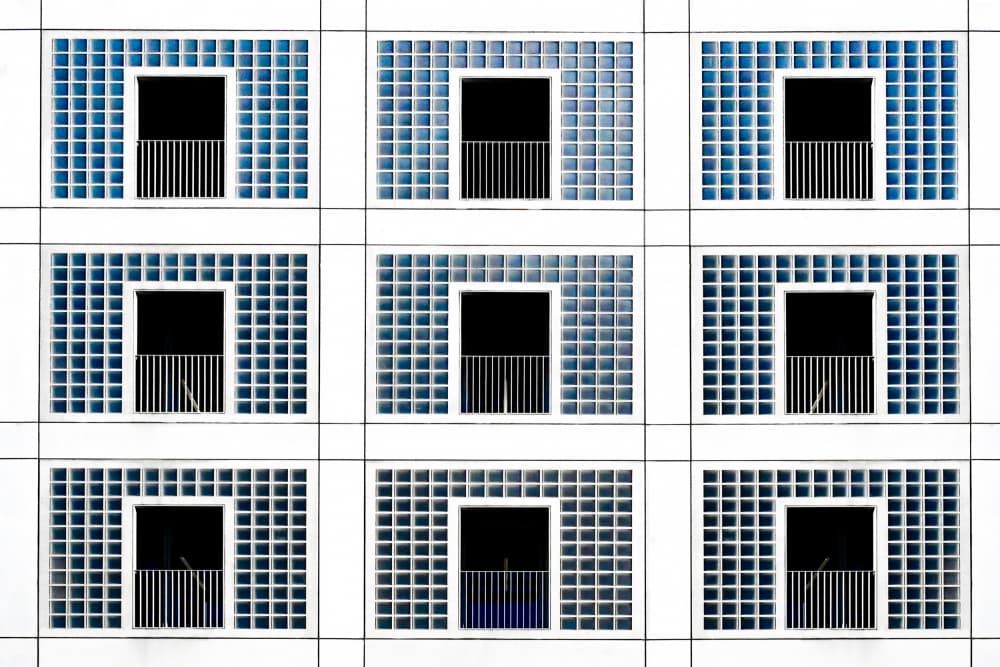 Modern Blue Grid Facade by Linda Wride — canvas wall art