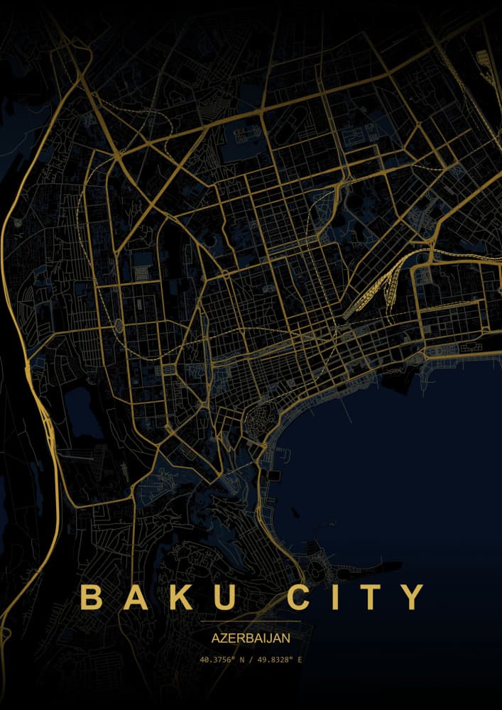 Golden Baku City Map by HUGO — canvas wall art