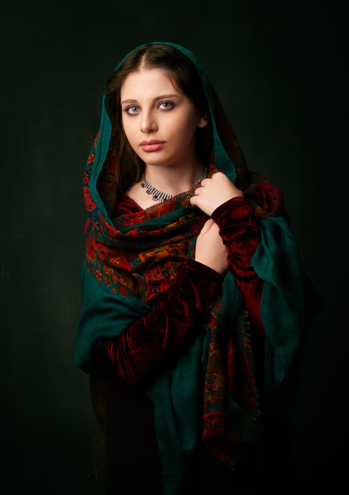 Elegant Woman Green Shawl by Mehdi Mokhtari — canvas wall art