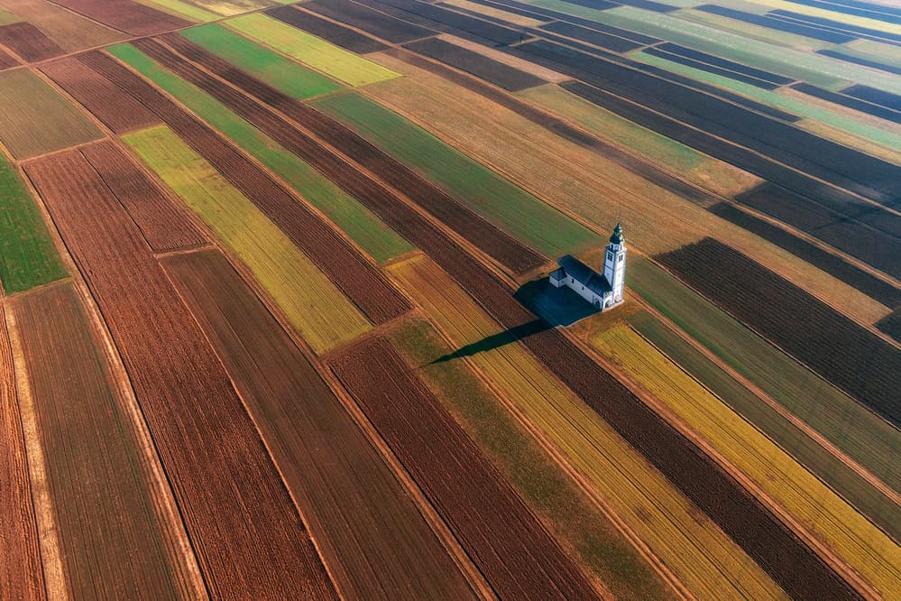 Church in Fields Aerial by Jure Kravanja — canvas wall art