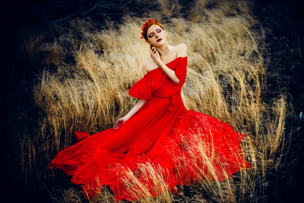 Dramatic Red Gown by Ruslan Bolgov — canvas wall art
