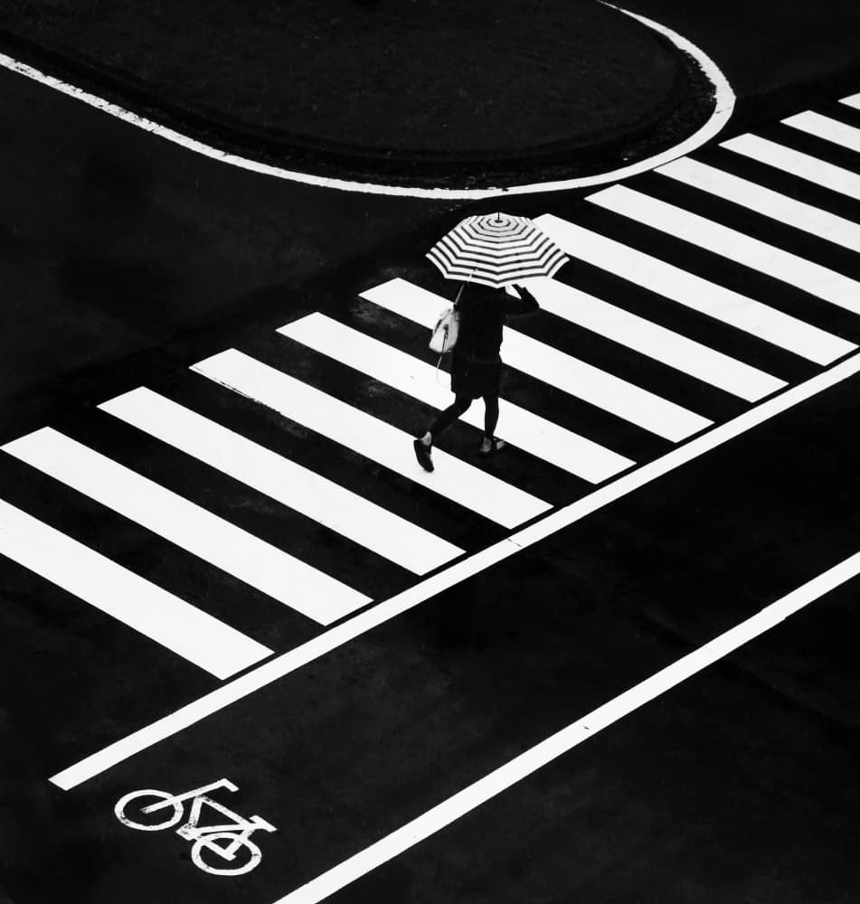 Striped Umbrella Crosswalk by Haruyo Sakamoto — canvas wall art