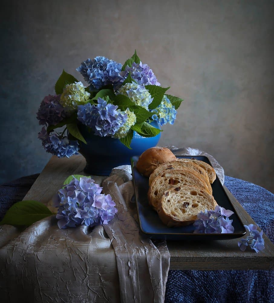 Still Life Hydrangeas Bread by Fangping Zhou — canvas wall art