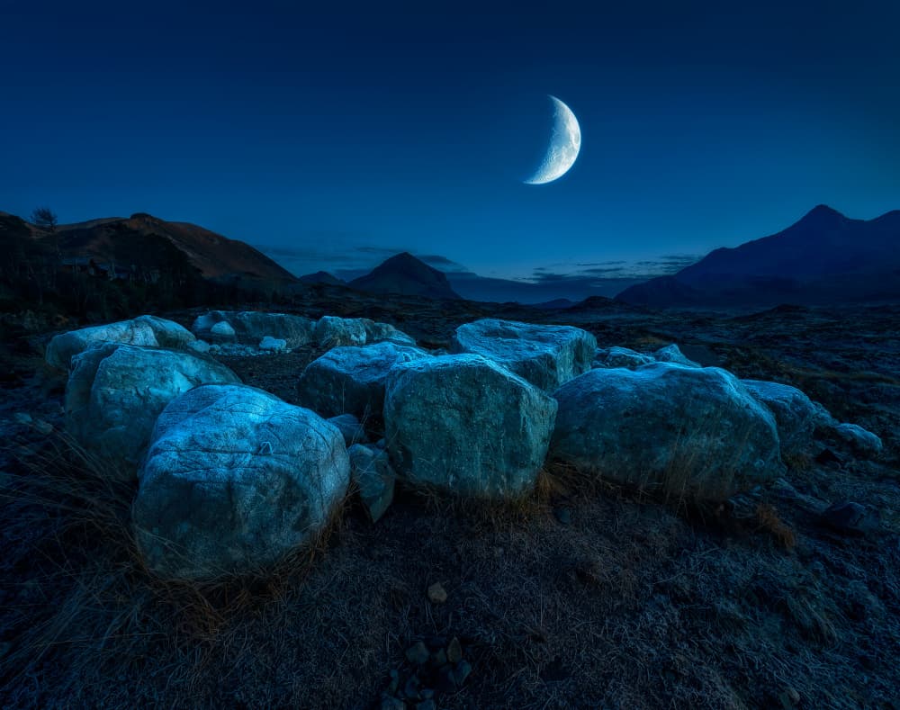 Crescent Moon Over Rocks by Matt Anderson — canvas wall art