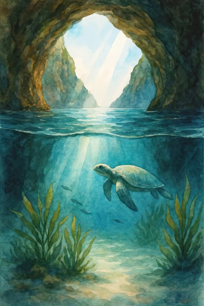 Sunlit Ocean Cave Turtle by Natalie Bruns — canvas wall art