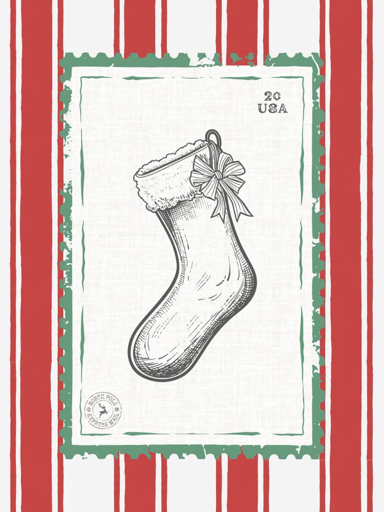 Vintage Christmas Stocking Stamp by Jolly and Dash — canvas wall art