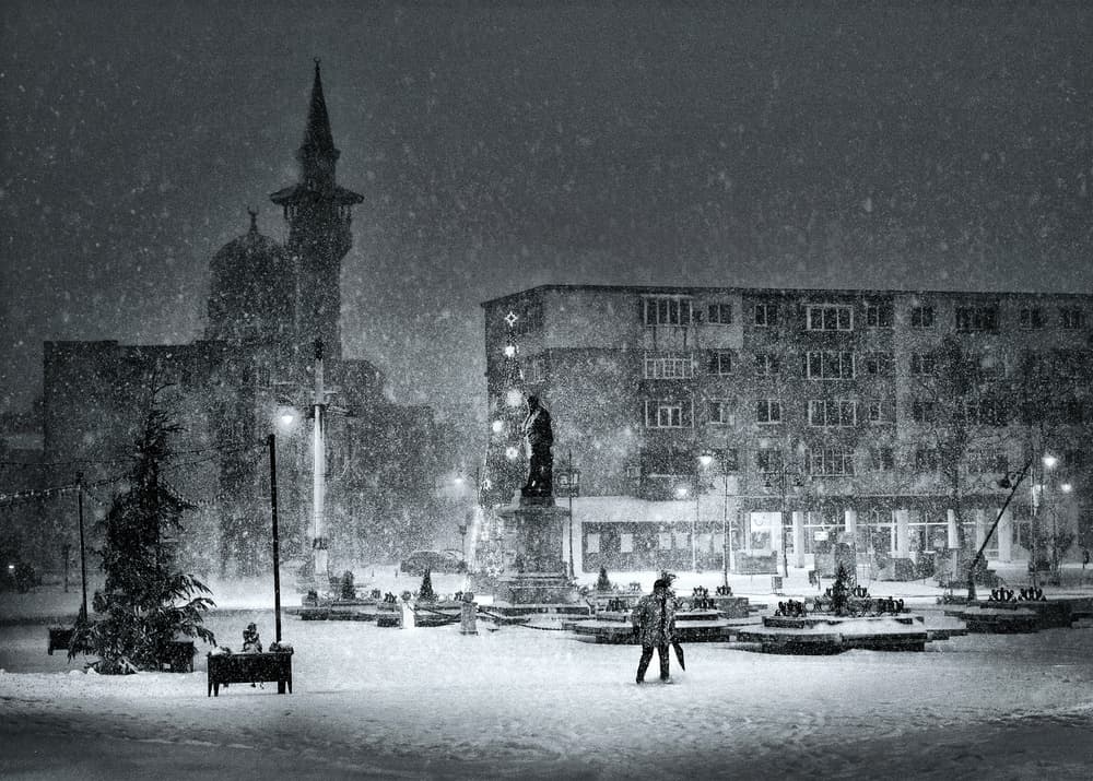 Snowy City Night by Elena Raceala — canvas wall art