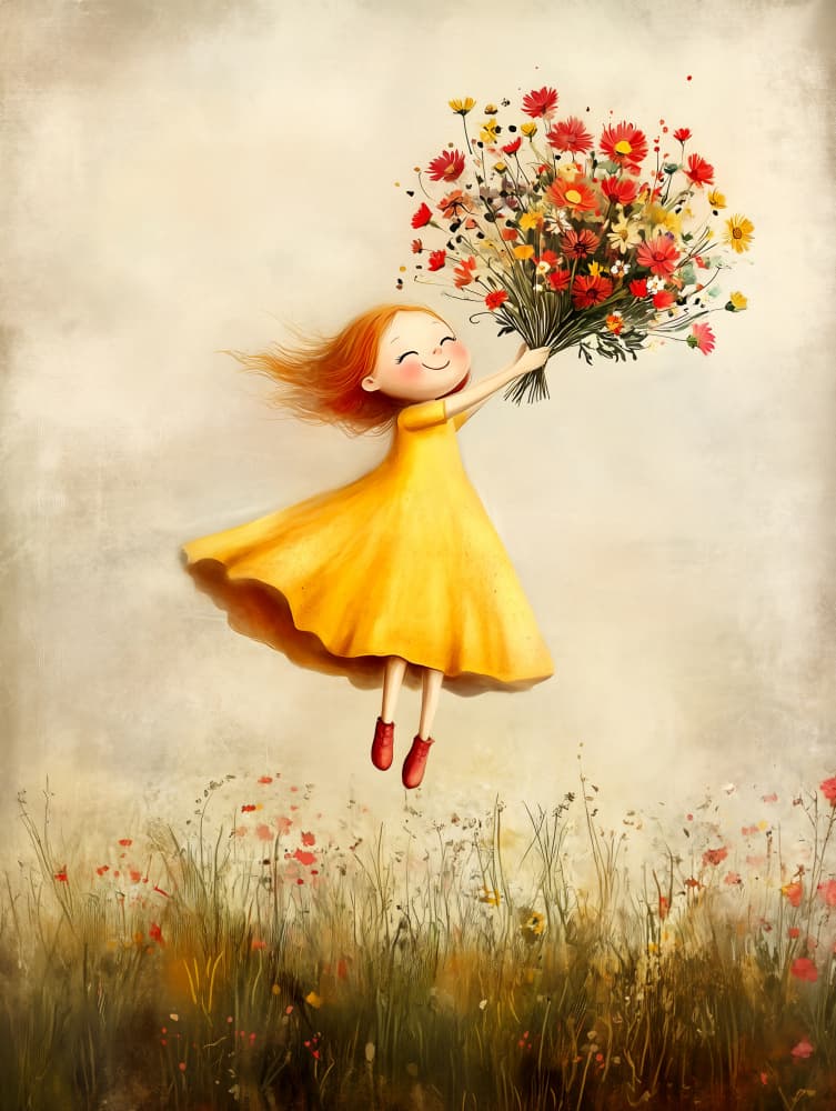 Joyful Girl Flying Flowers by Annika Persson — canvas wall art