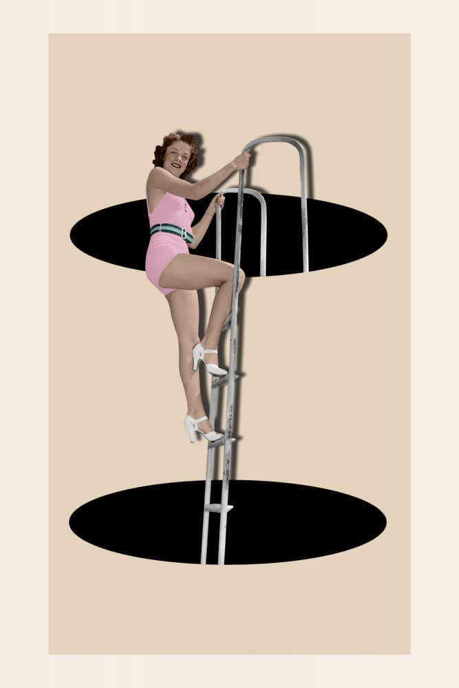 Pink Swimsuit Ladder Climb by Marja van den Hurk — canvas wall art