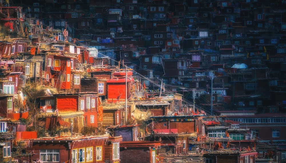 Red Hillside Village by TIANQI — canvas wall art