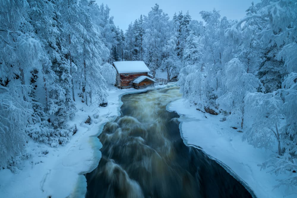 Snowy Forest River Cabin by YY DB — canvas wall art