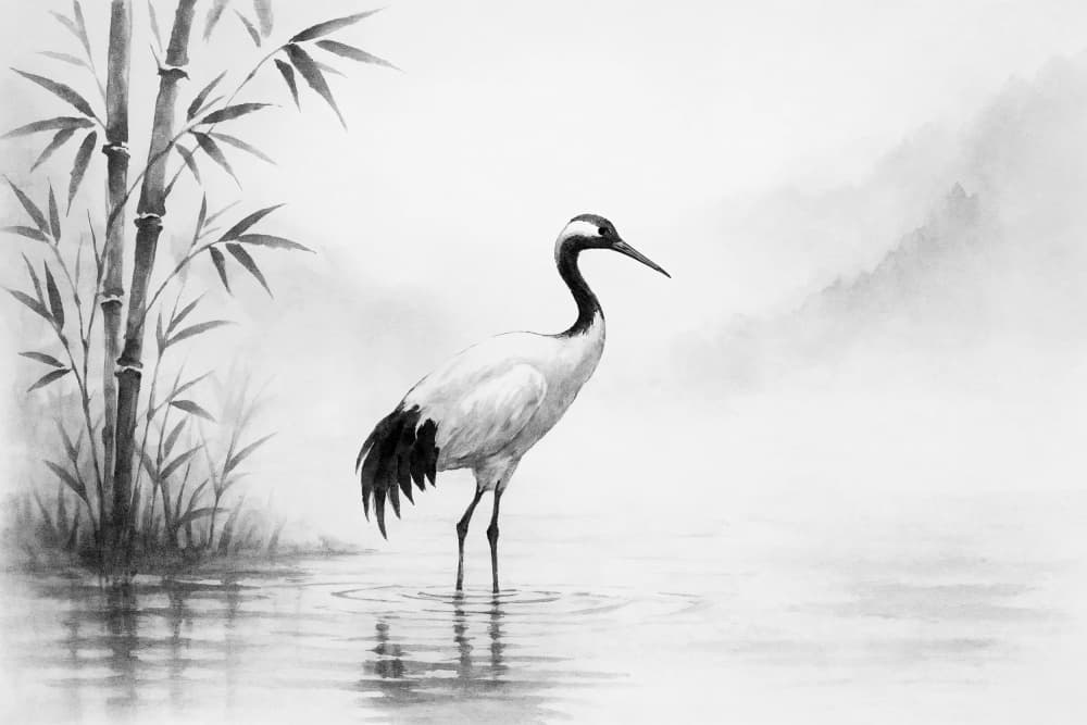 Crane in Misty Landscape by Natalie Bruns — canvas wall art