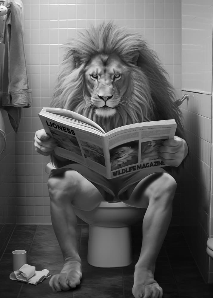 Lion's Bathroom Reading by Andreas Magnusson — canvas wall art