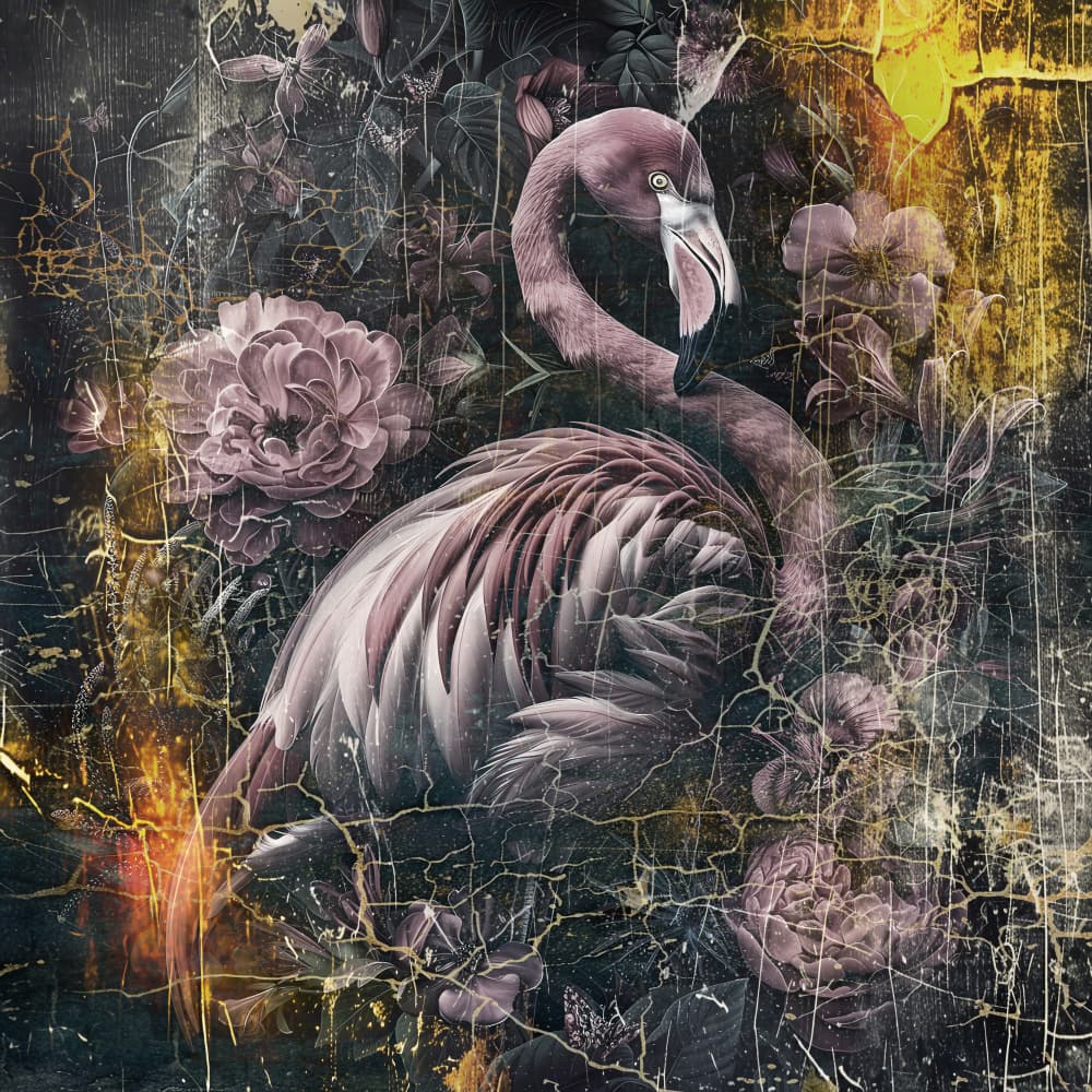 Golden Flamingo Blooms by Rafal Kulik — canvas wall art