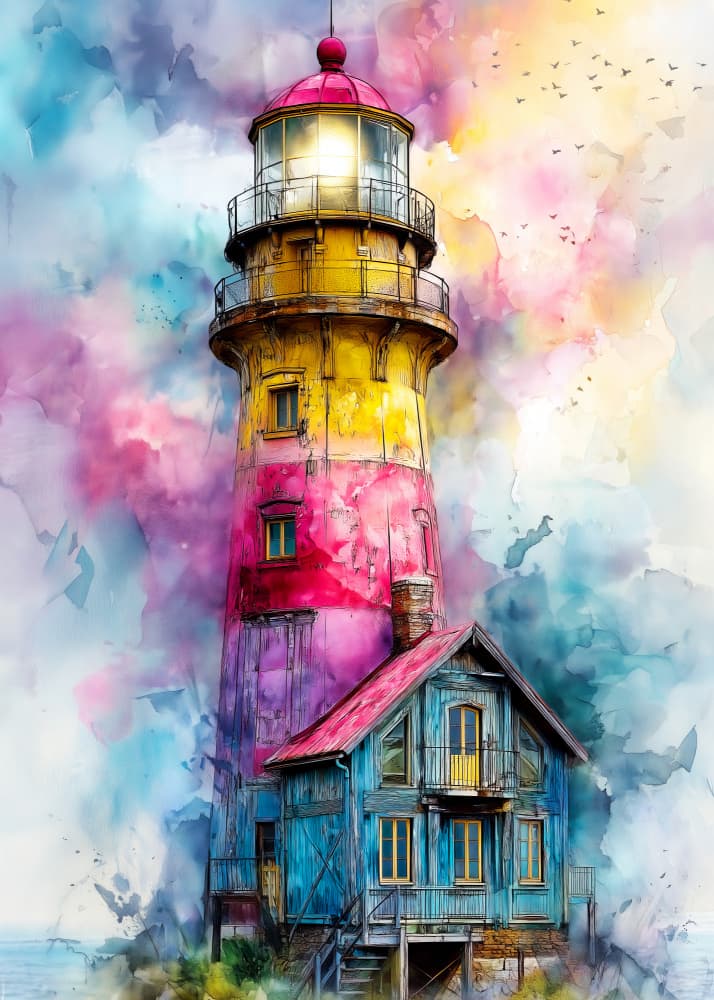 Vibrant Coastal Lighthouse Home by Justyna Jaszke — canvas wall art