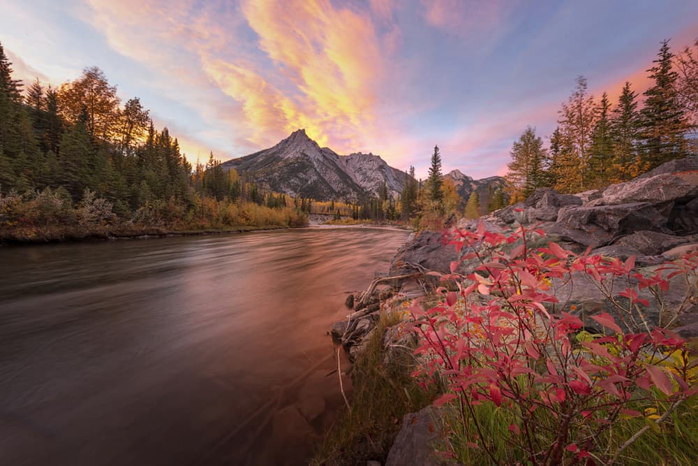 Colorful Mountain River Sunset by Yun Thwaits — canvas wall art