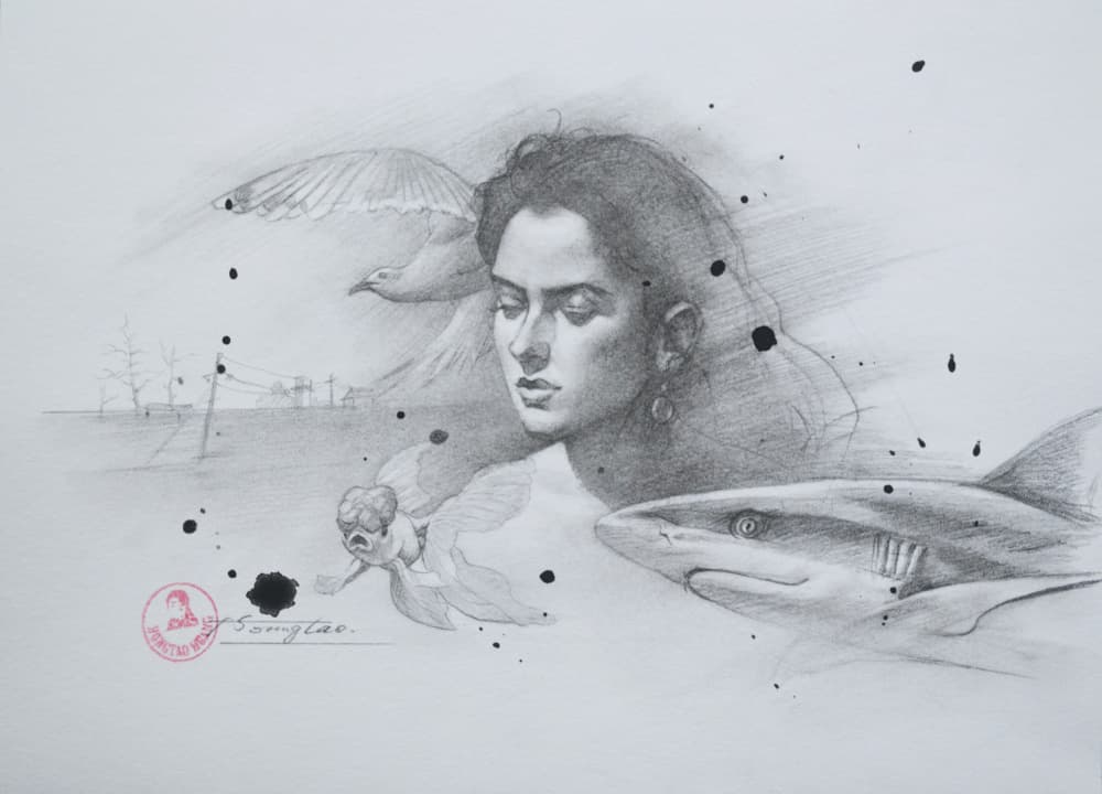 Pensive Woman Dreamscape by Hongtao Huang — canvas wall art