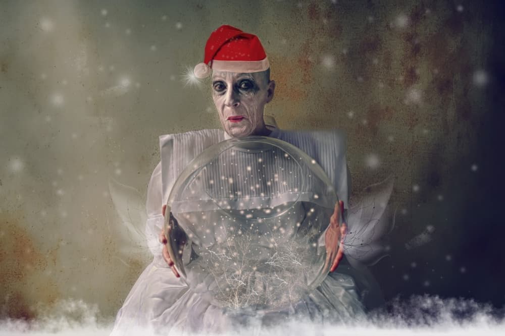 Mysterious Santa Snow Globe by Monika Vanhercke — canvas wall art