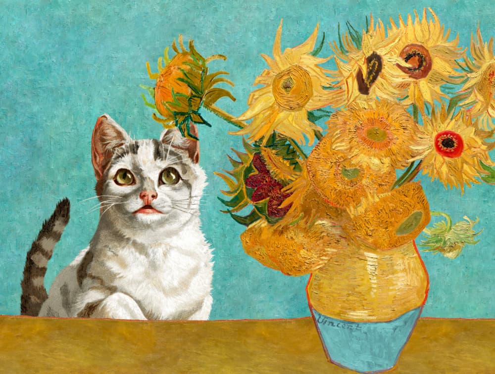 Curious Cat and Sunflowers by Marja van den Hurk — canvas wall art