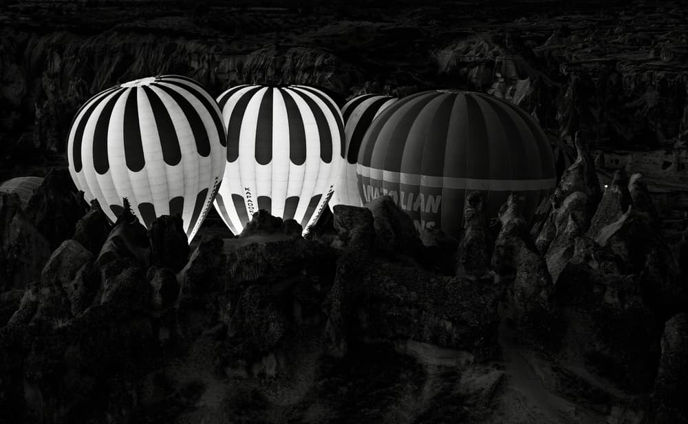 Hot Air Balloons Dark Landscape by Mike Kreiten — canvas wall art