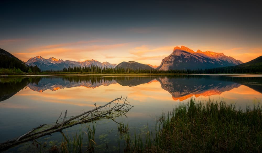 Golden Mountain Lake Reflection by joanaduenas — canvas wall art